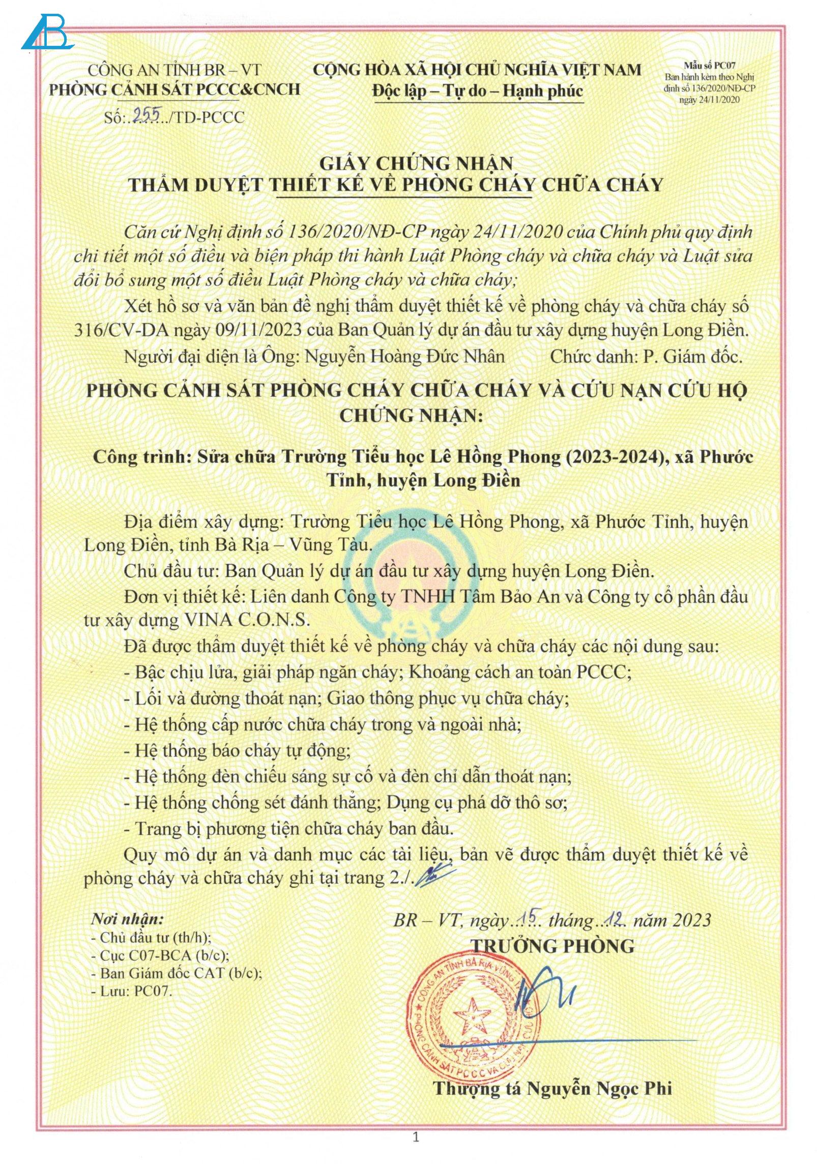 Giấy chứng nhận thẩm duyệt thiết kế hệ thống PCCC 